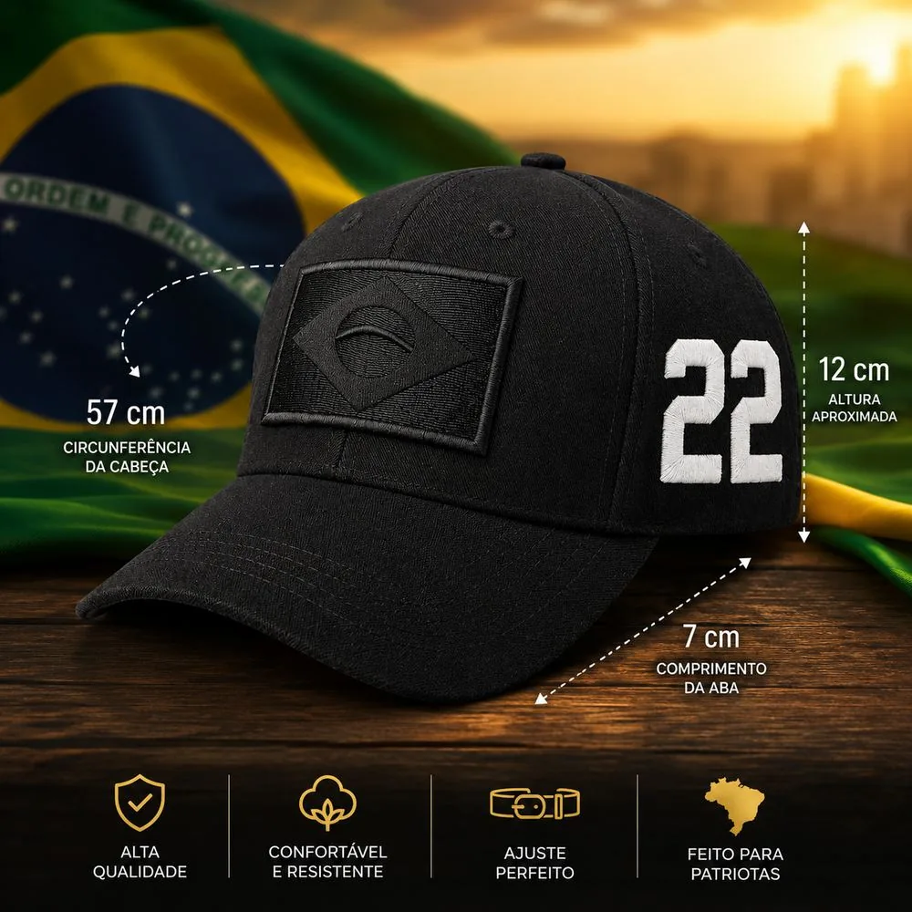 Medidas do boné 22: 57cm de circunferência, 12cm de altura, aba de 7cm